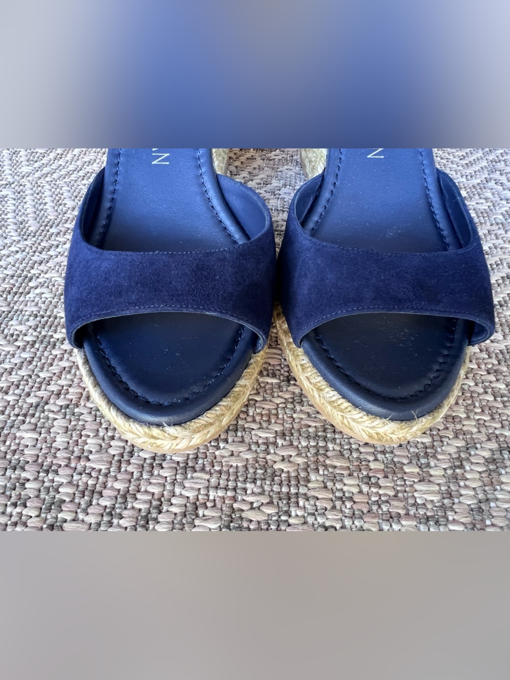 Stuart Weitzman Espadrille Wedge Sandals Navy Blue Slingback Peep Toe 9.5B New - Picture 3 of 7